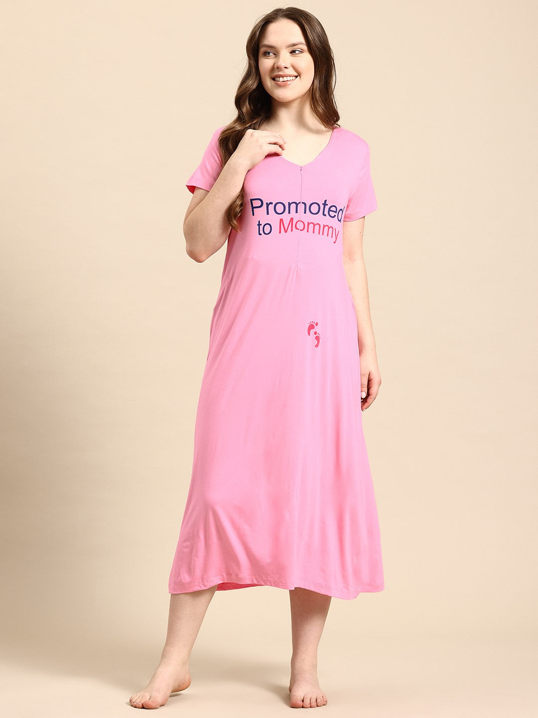 Blush9 Maternity Self Printed Night Maternity and Nursing Dress - Pink