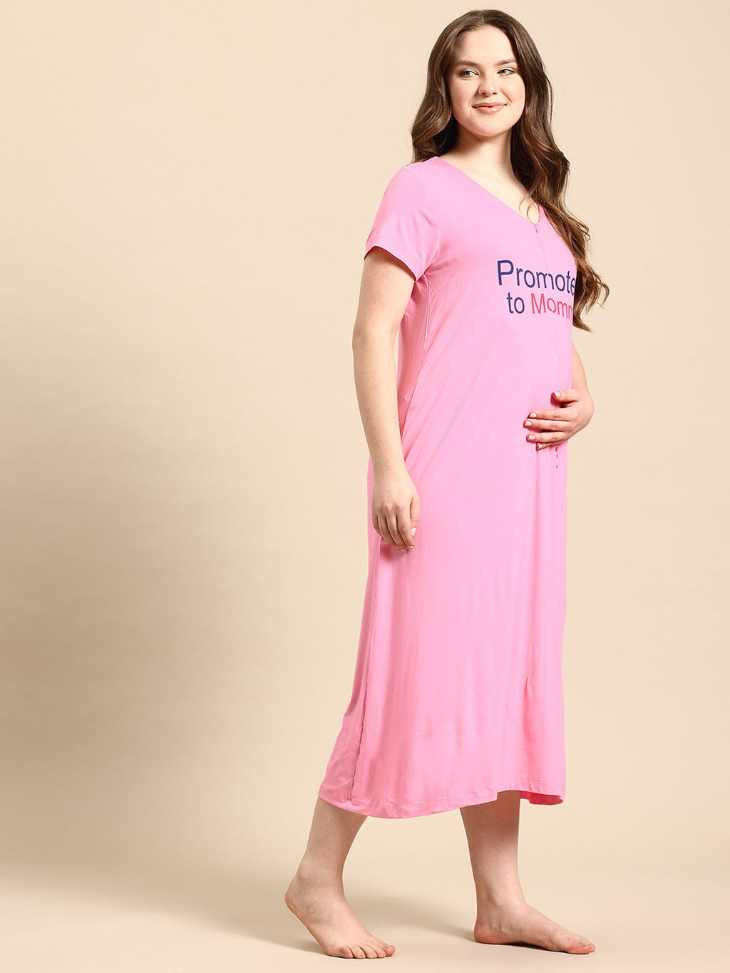 Blush9 Maternity Self Printed Night Maternity and Nursing Dress - Pink