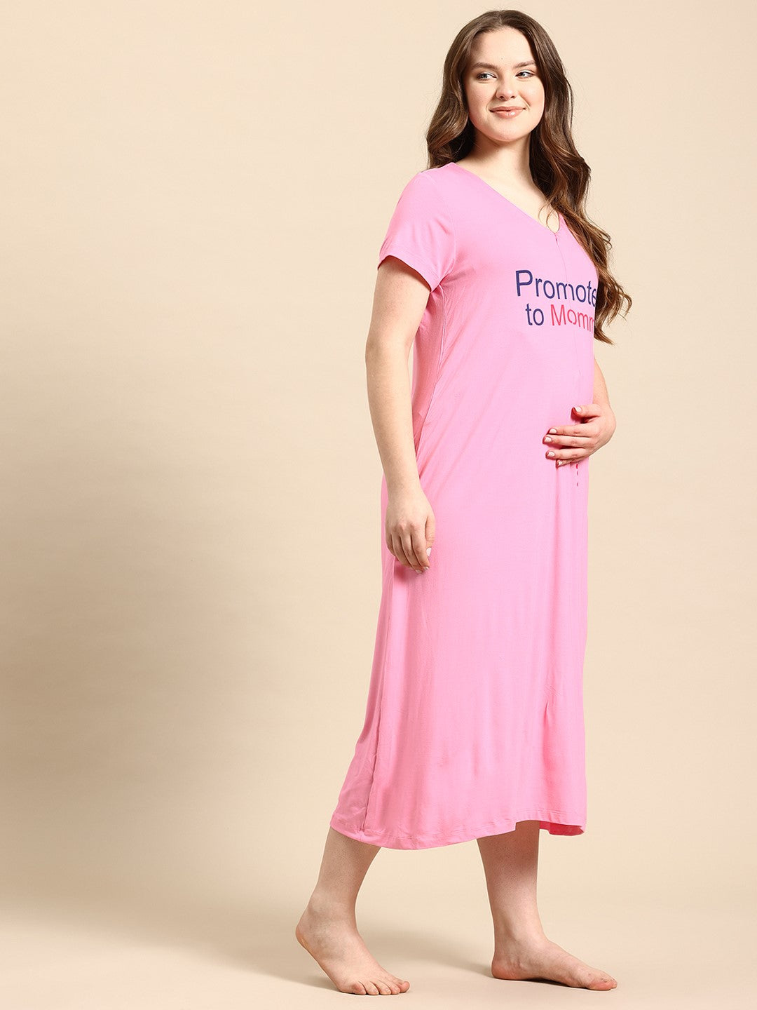 Blush9 Maternity Self Printed Night Maternity and Nursing Dress - Pink