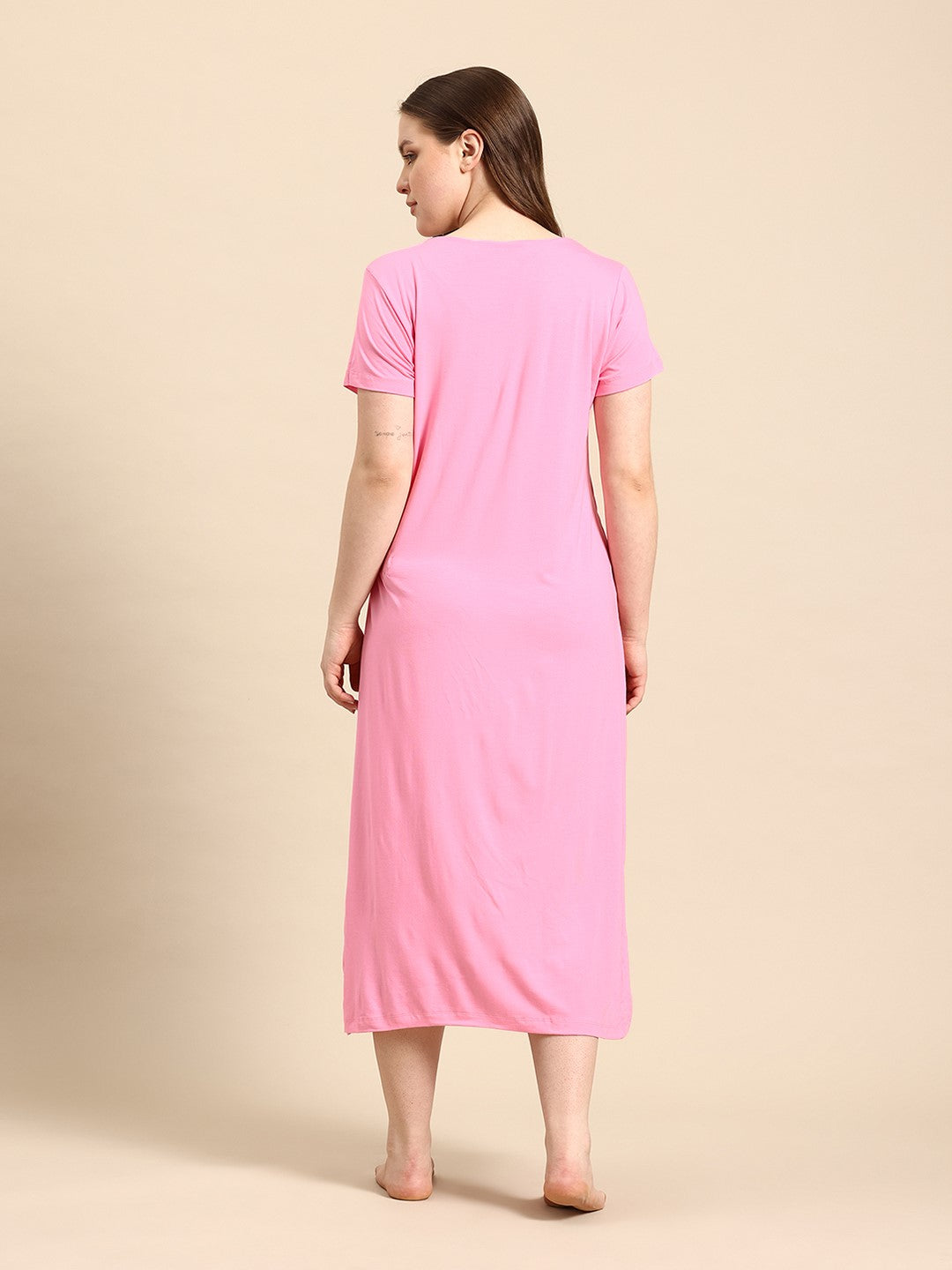Blush9 Maternity Self Printed Night Maternity and Nursing Dress - Pink