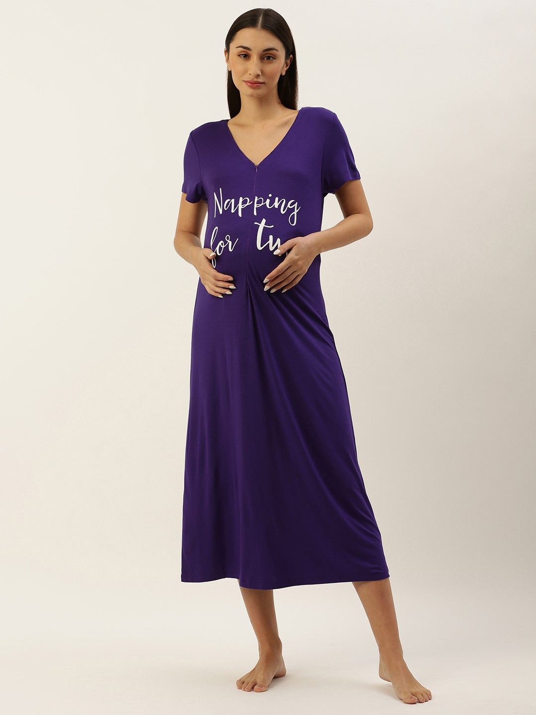 Blush9 Maternity Self Printed Night Maternity and Nursing Dress - Purple