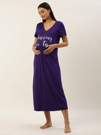 Blush9 Maternity Self Printed Night Maternity and Nursing Dress - Purple