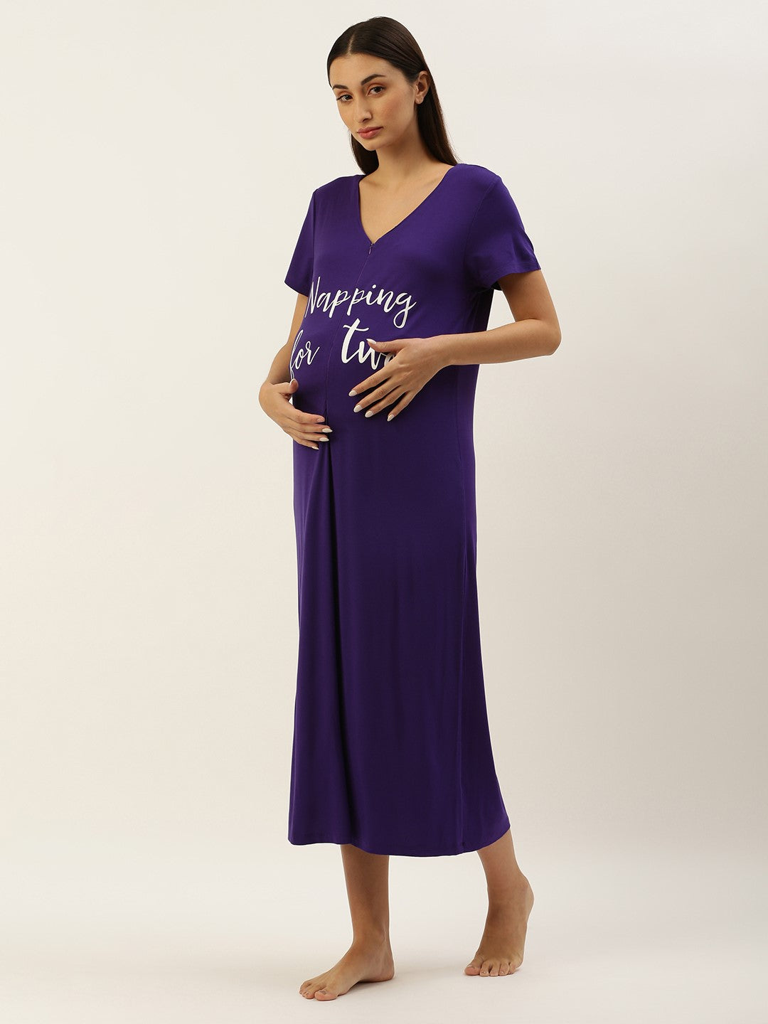 Blush9 Maternity Self Printed Night Maternity and Nursing Dress - Purple
