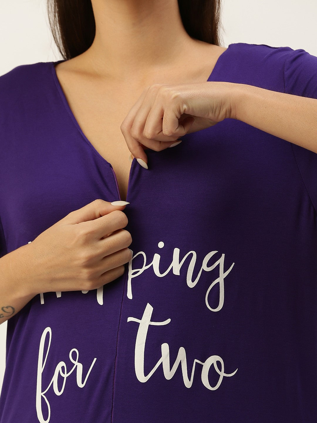 Blush9 Maternity Self Printed Night Maternity and Nursing Dress - Purple