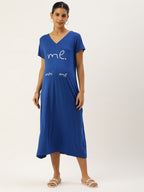 Blush9 Maternity Self Printed Night Maternity and Nursing Dress - Blue