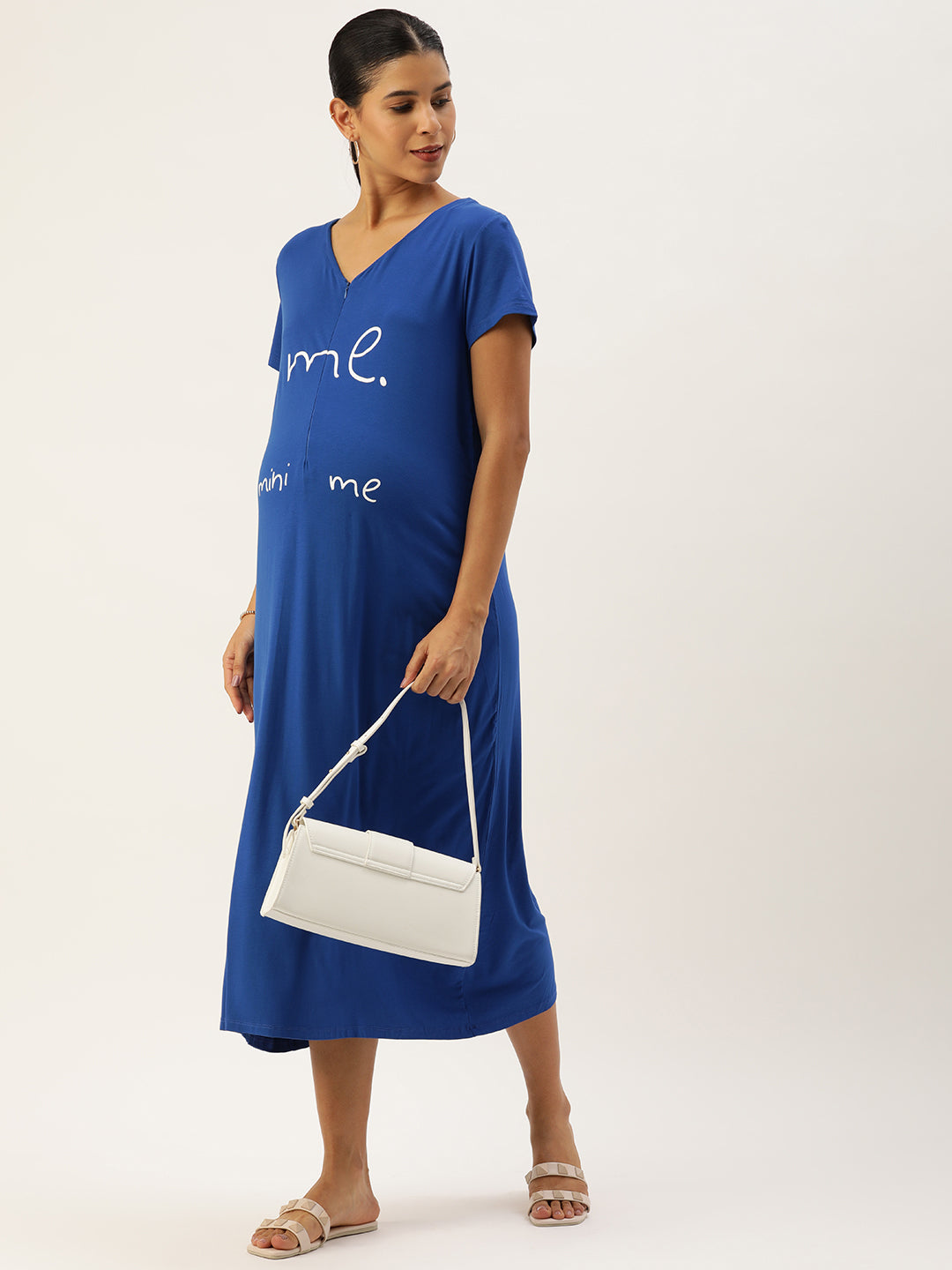 Blush9 Maternity Self Printed Night Maternity and Nursing Dress - Blue