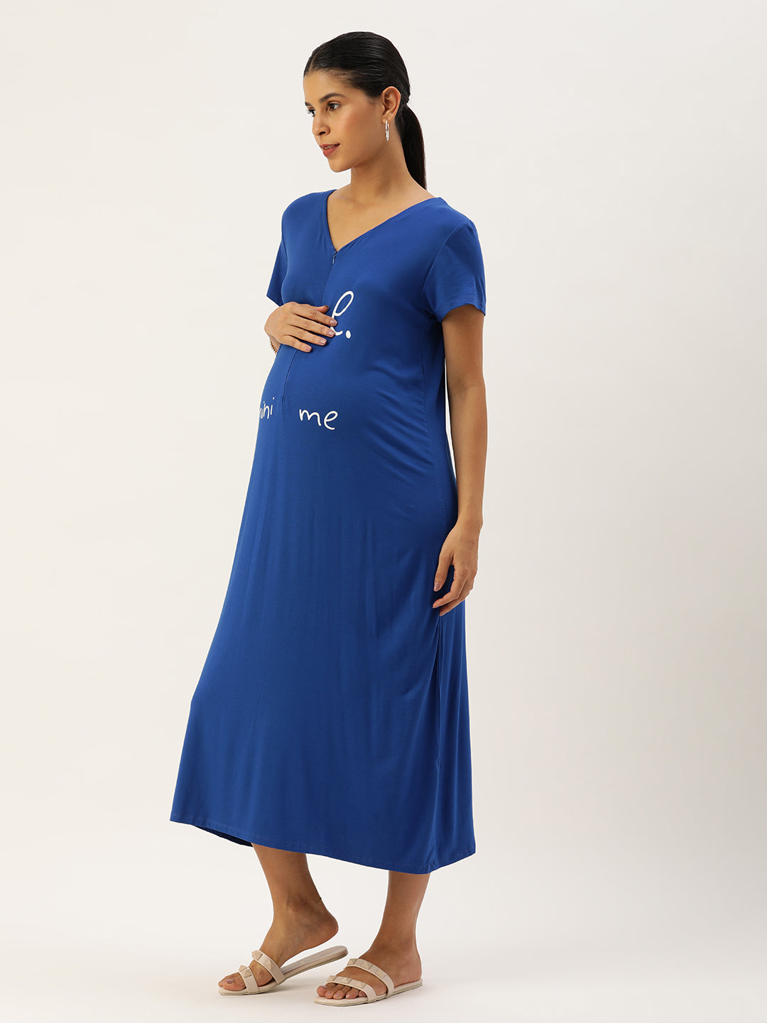 Blush9 Maternity Self Printed Night Maternity and Nursing Dress - Blue