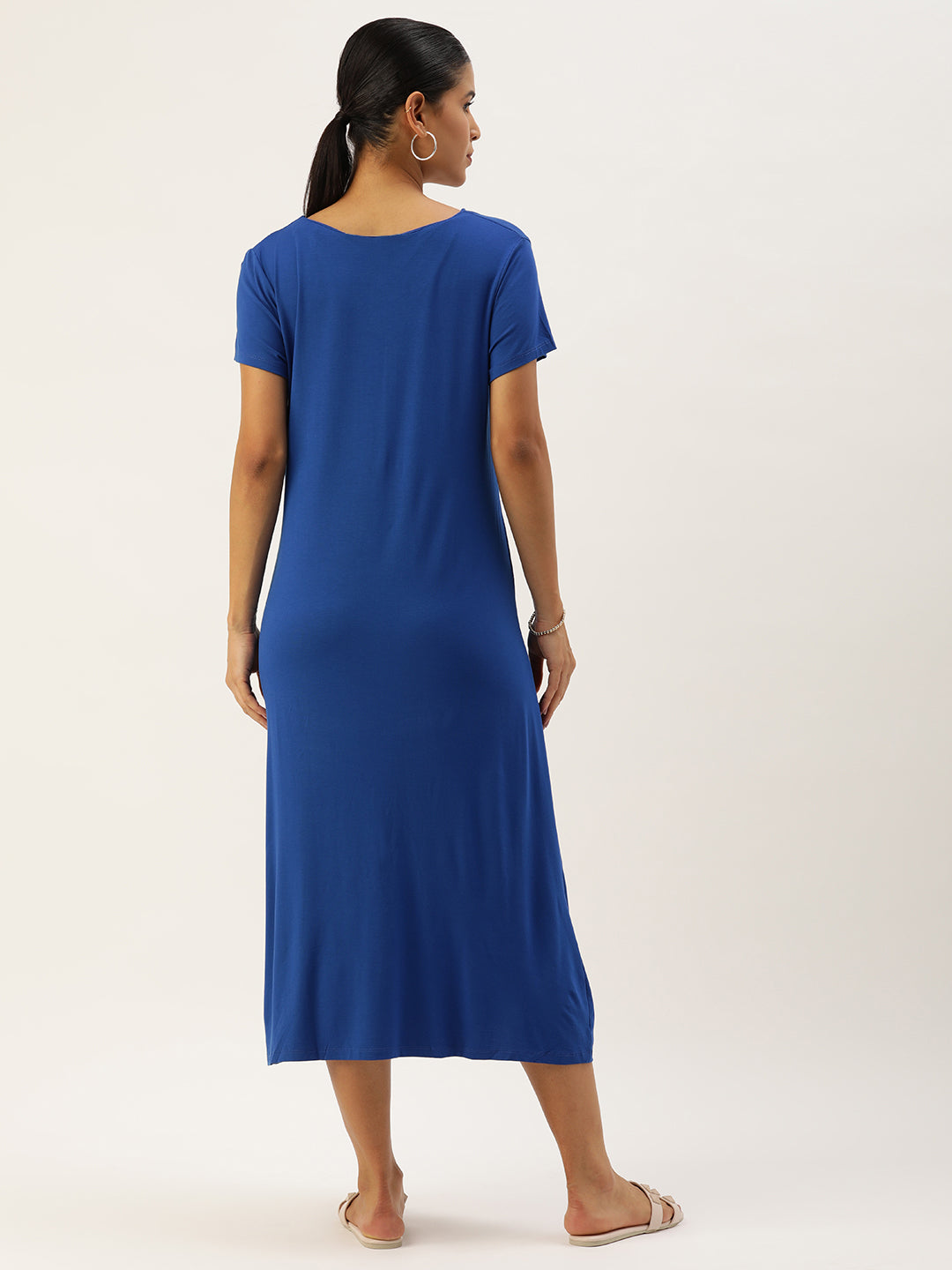 Blush9 Maternity Self Printed Night Maternity and Nursing Dress - Blue