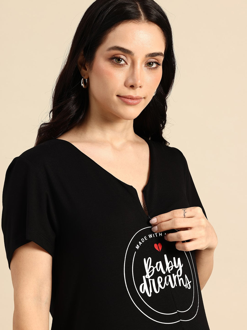 Blush9 Maternity Self Printed Night Maternity and Nursing Dress - Black