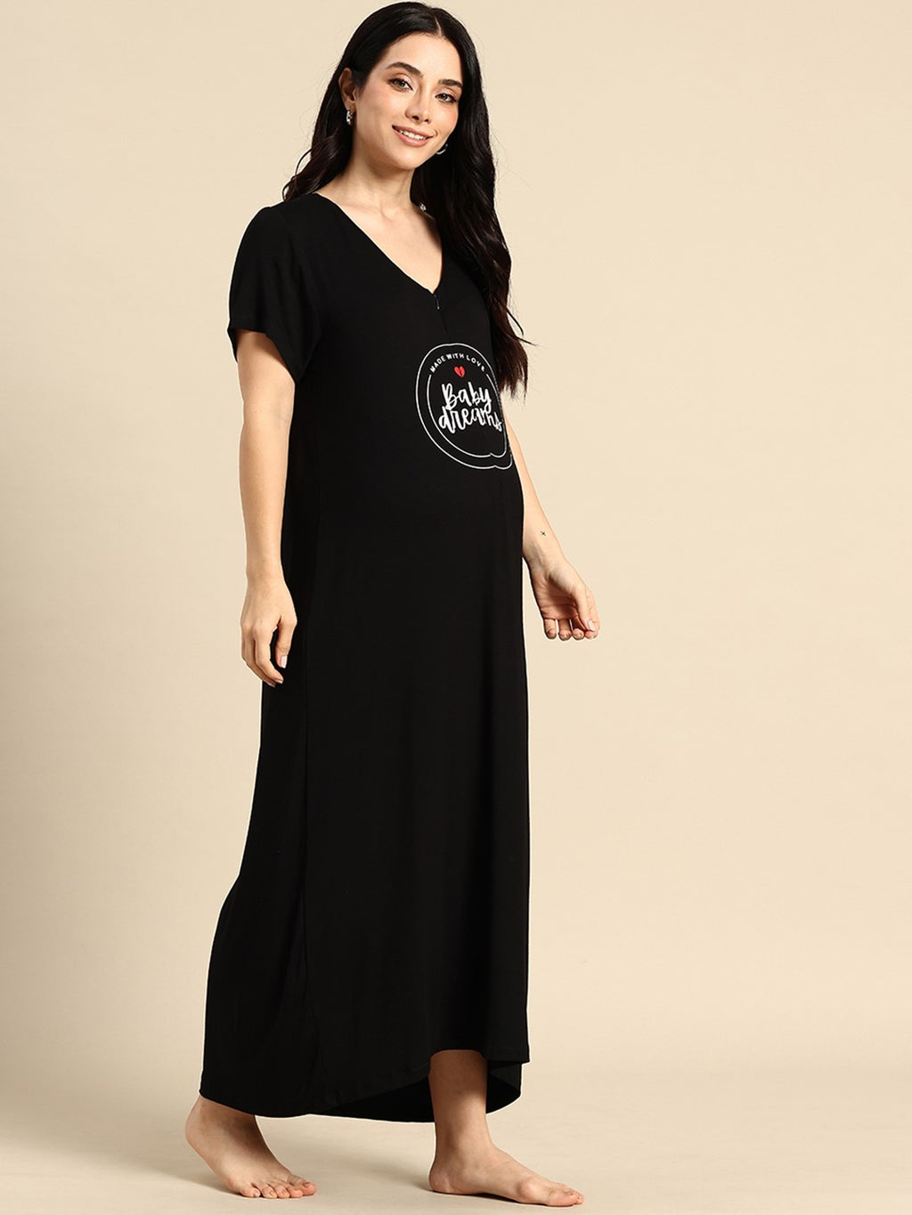 Blush9 Maternity Self Printed Night Maternity and Nursing Dress - Black