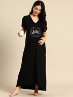 Blush9 Maternity Self Printed Night Maternity and Nursing Dress - Black