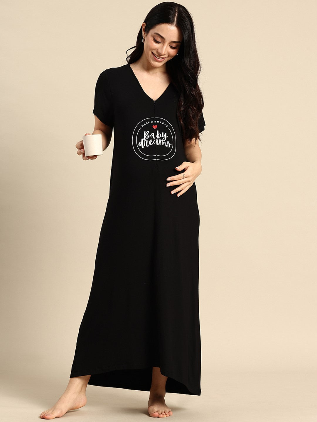Blush9 Maternity Self Printed Night Maternity and Nursing Dress - Black