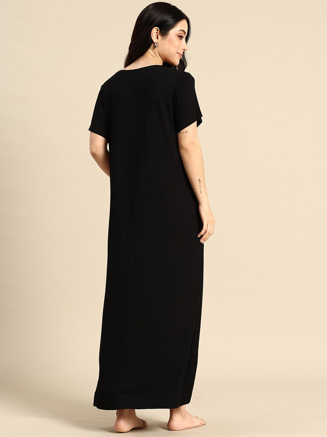 Blush9 Maternity Self Printed Night Maternity and Nursing Dress - Black