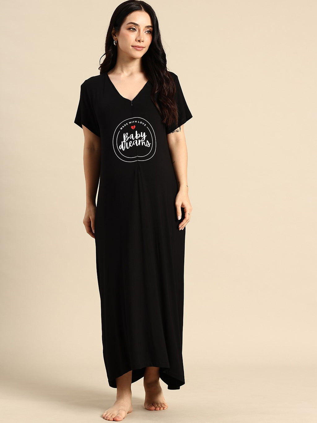 Blush9 Maternity Self Printed Night Maternity and Nursing Dress - Black