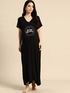 Blush9 Maternity Self Printed Night Maternity and Nursing Dress - Black