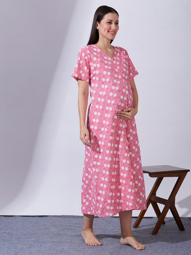 Blush9 Maternity Floral Printed Night Maternity Maxi Dress