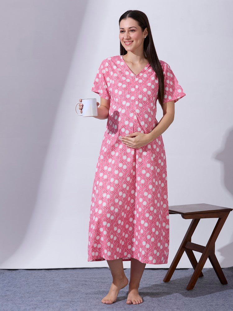 Blush9 Maternity Floral Printed Night Maternity Maxi Dress