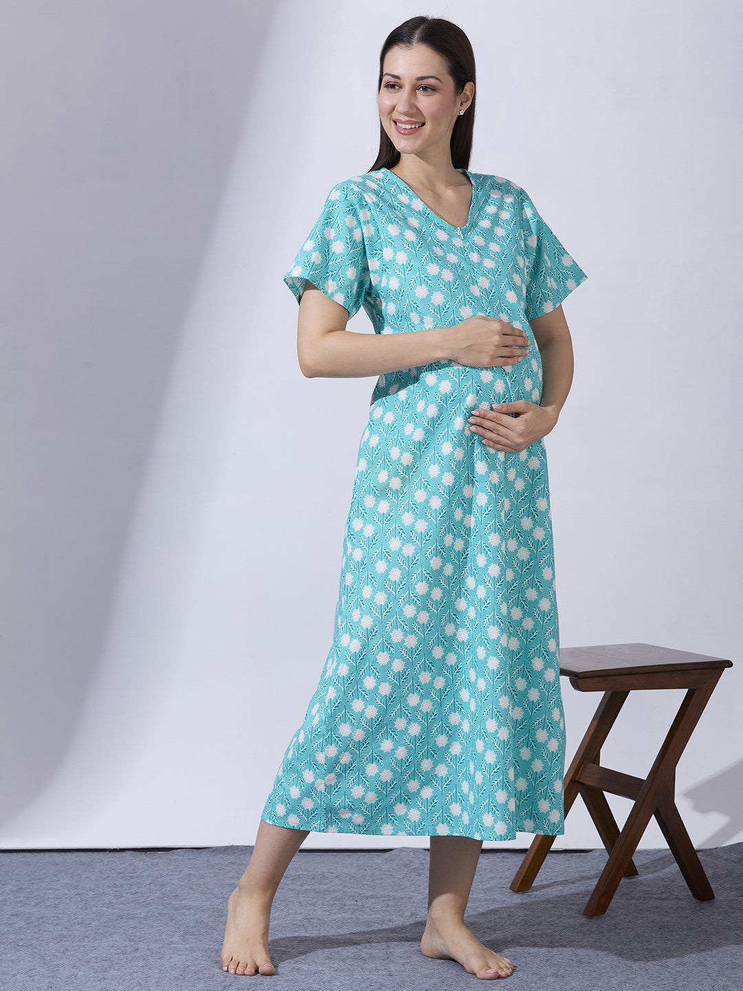 Blush9 Maternity Floral Printed Night Maternity Maxi Dress