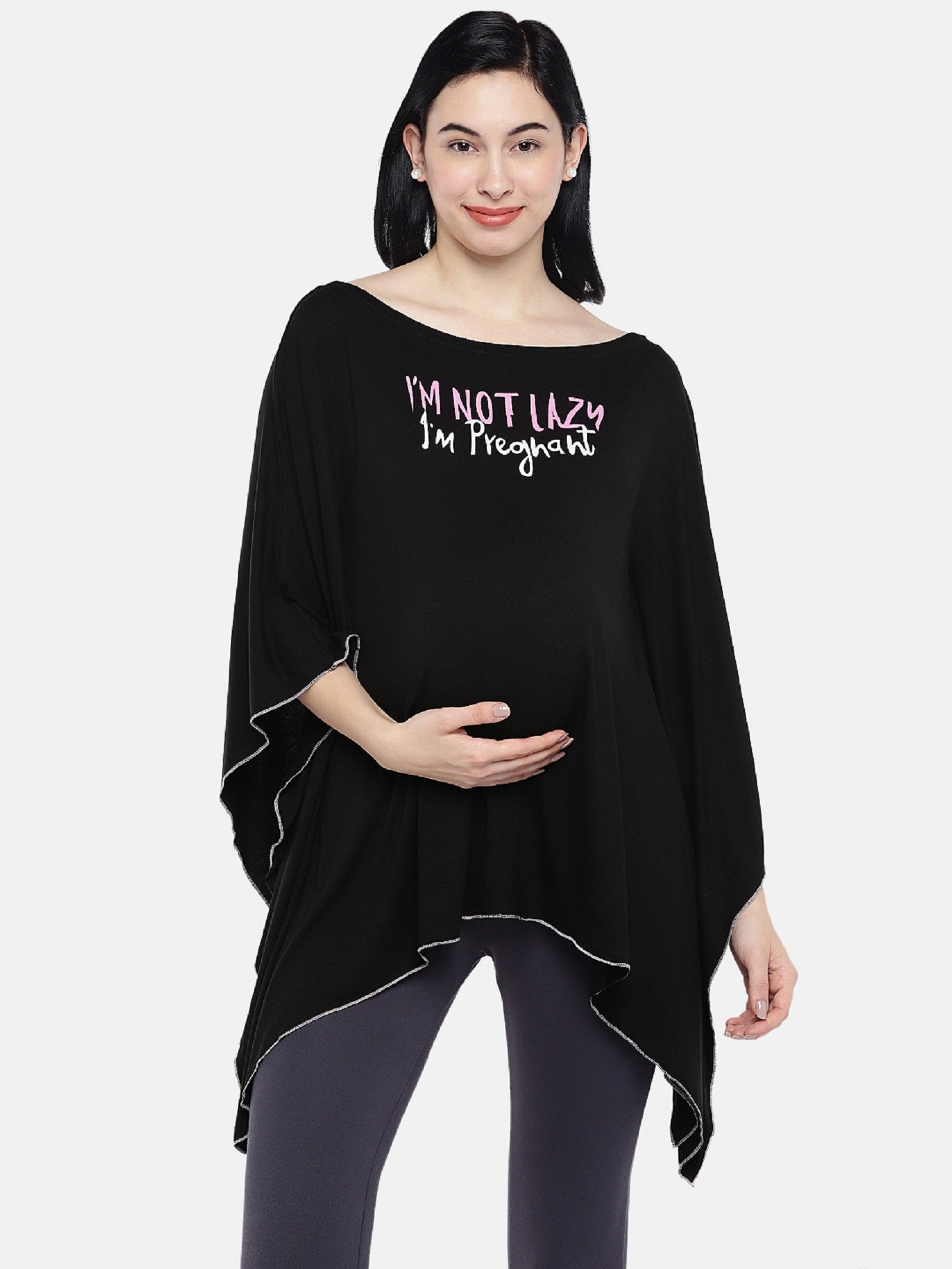 Blush 9 Maternity's Black "Im Not Lazy - Im Pregnant"printed Nursing Poncho