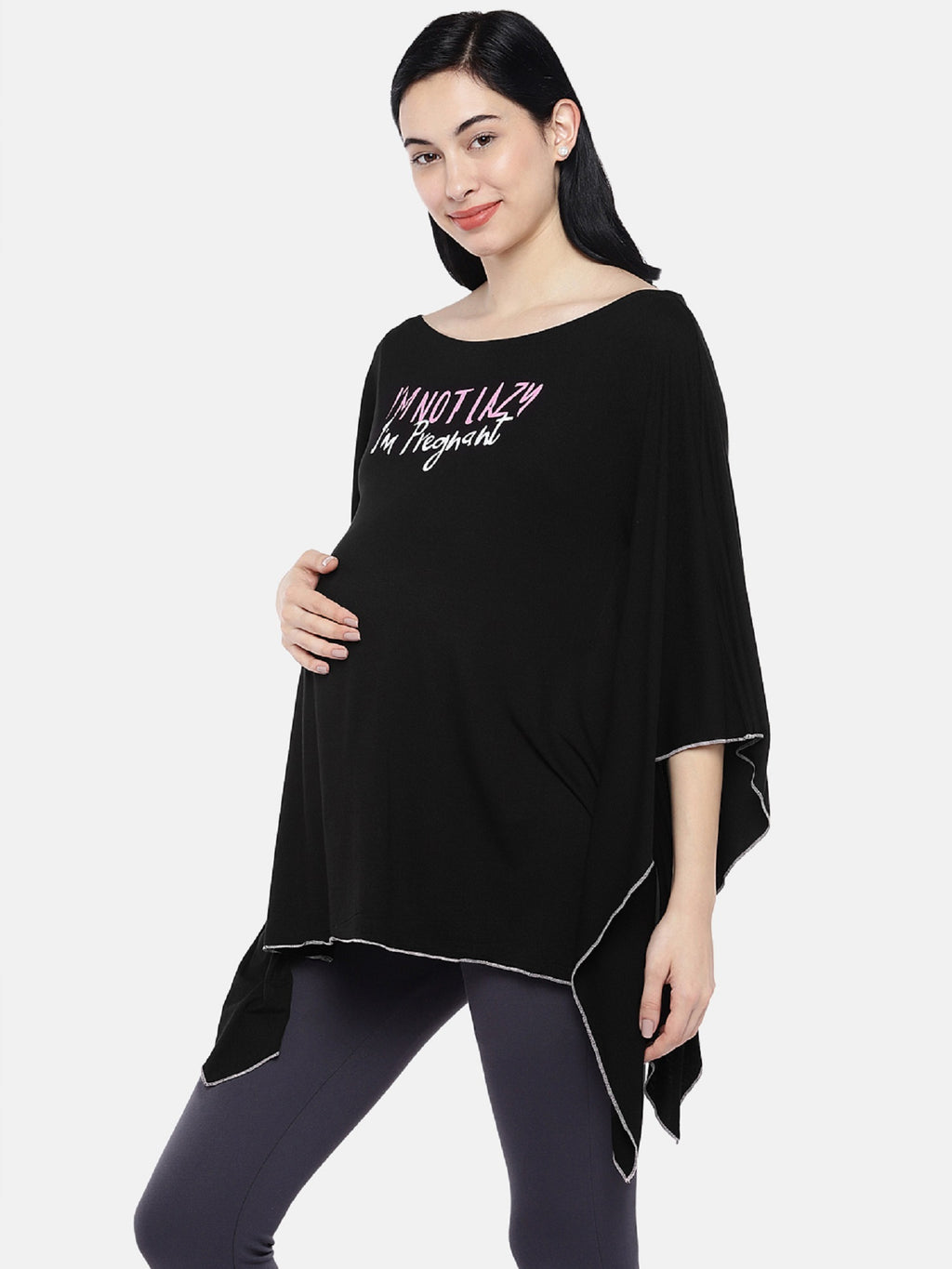 Blush 9 Maternity's Black "Im Not Lazy - Im Pregnant"printed Nursing Poncho