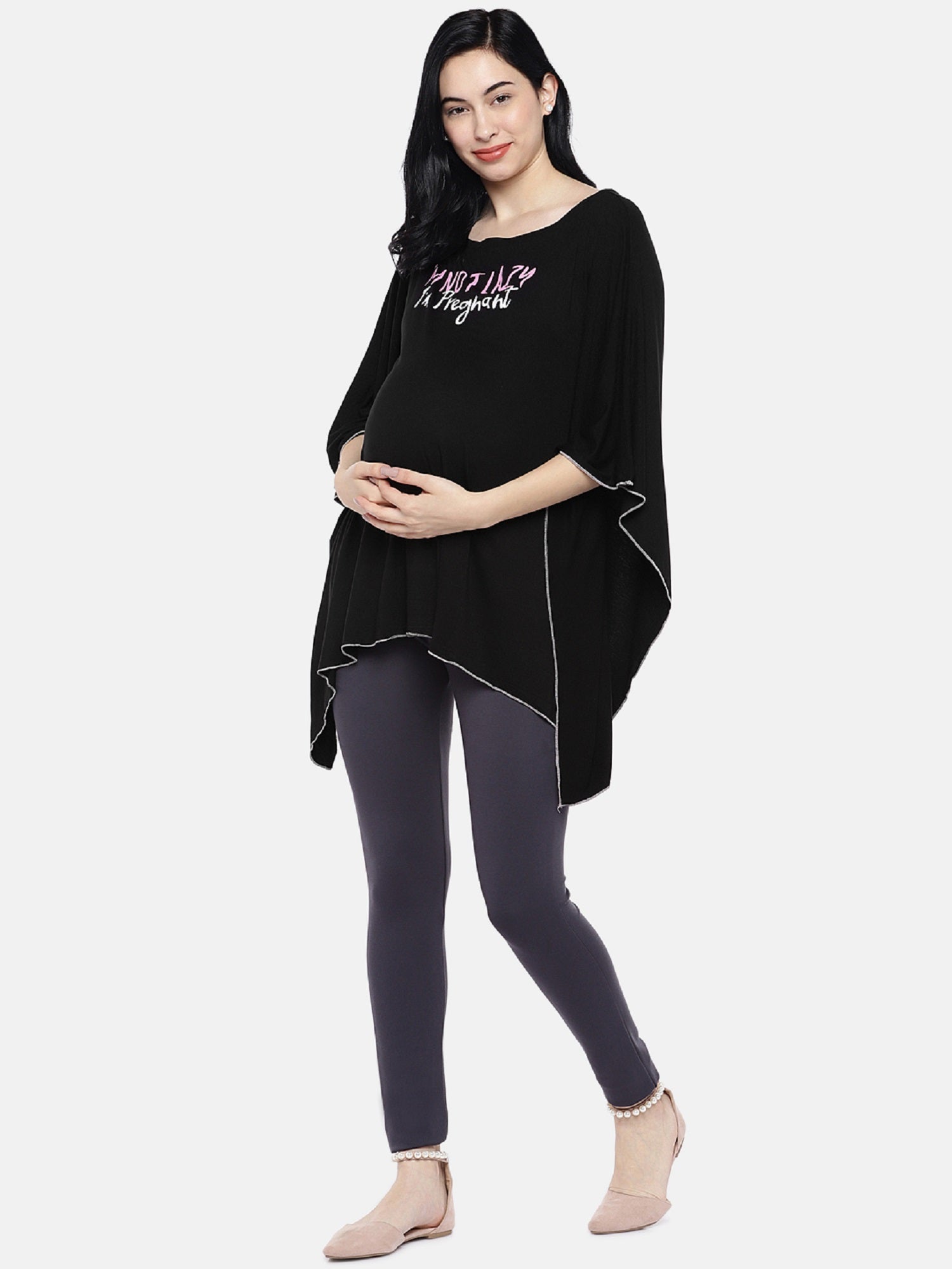 Blush 9 Maternity's Black "Im Not Lazy - Im Pregnant"printed Nursing Poncho